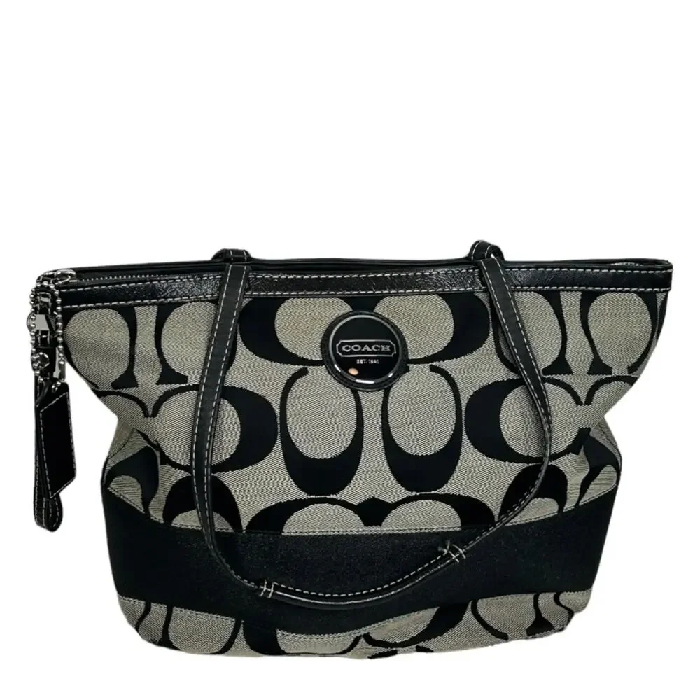 Coach Vintage Signature Canvas Tote Black Khaki Large - Picture 10 of 12